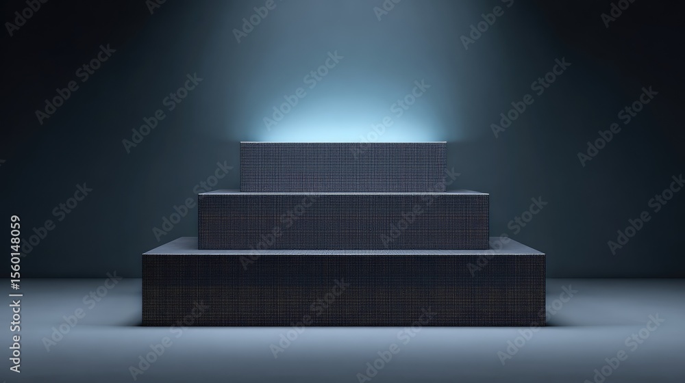 Poster abstract stage design with three illuminated stepping platforms in a dark setting creating a dramati