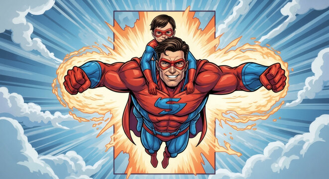 Superhero Father Flying with Son Cartoon Illustration for Father's Day, dia dos pais