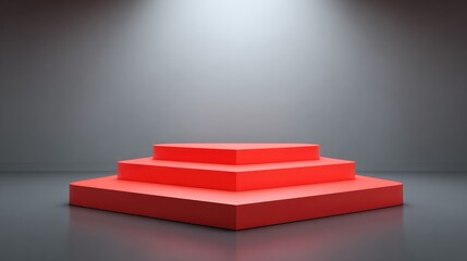 Obraz premium Vibrant Red Geometric Pedestal with Soft Spotlight in Minimalist Gallery Setting for Modern Art Displays and Product Presentations
