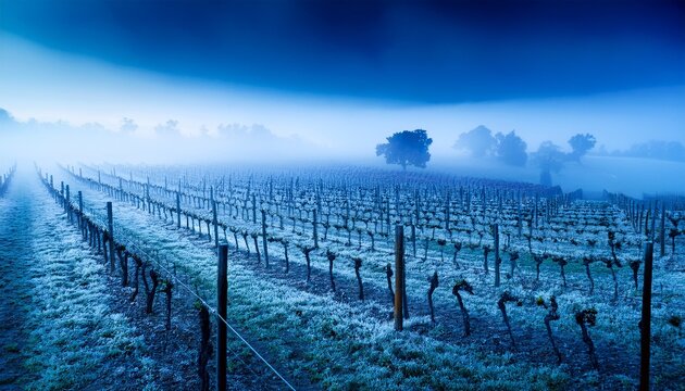 blue lodi grapevines in fog