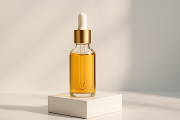 Elegant Amber Serum Dropper Bottle on White Pedestal, Minimal Skincare Product Mockup, High Resolution.