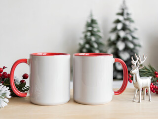 A product photography shot of two white ceramic mugs with red interior and red handles, positioned side by side on a light wooden surface