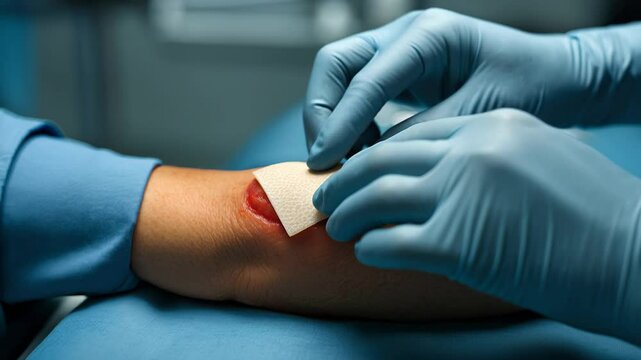 Medical professional in blue gloves applying artificial skin graft to wound on patient&rsquo;s arm in surgical setting. Concept of wound healing, burn treatment, and regenerative medicine in modern healthca