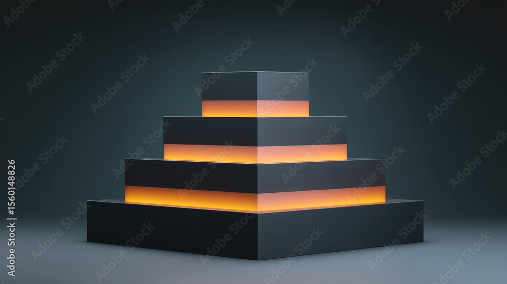 Poster abstract geometric pyramid with glowing layers in a dark environment, showcasing modern design eleme