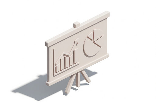 3d icon of a marketing strategy board with charts, graphs and sticky notes, isometric view, minimal clay render, high resolution, white background.
