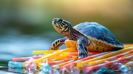 Fototapeta premium Turtle floats on plastic straws in a polluted river environment. Illustrates the devastating impact of pollution on aquatic wildlife.