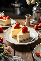 Cheesecakes with strawberries on plates, dessert setting