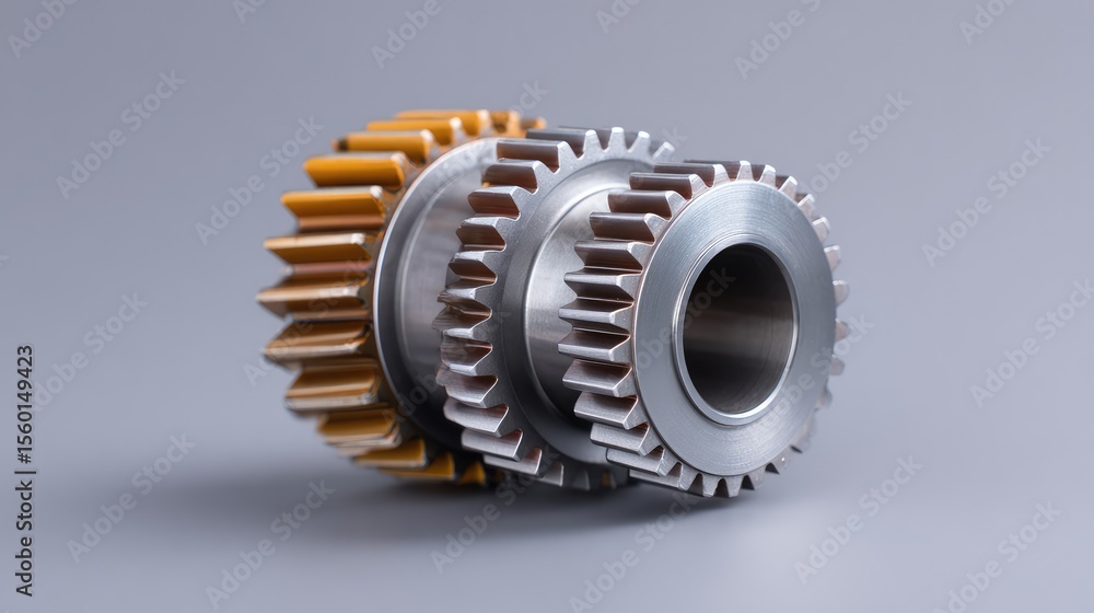 Poster close-up view of precision gears with dual finish on a minimalist background highlighting mechanical