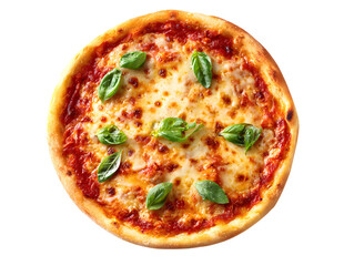 Top View of Margherita Pizza with Basil Leaves on White Background