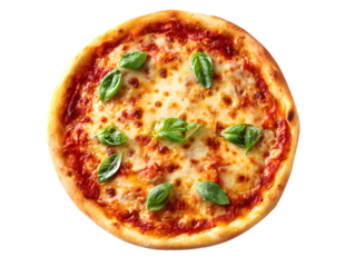 Top View of Margherita Pizza with Basil Leaves on White Background