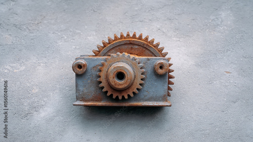 Poster close-up of rusty mechanical gear system with cogs and wheels showcasing detailed textures and weath