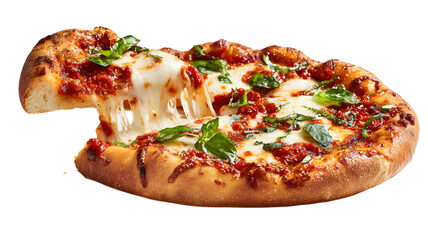 Cheese Pull from Hot Margherita Pizza with Basil on White Background
