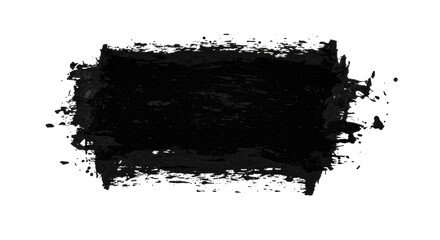 Detailed black grunge texture, resembling a paint roller stroke or ink stain with intricate splatters and rough edges, isolated top-down against a transparent background with copy space, shadowless