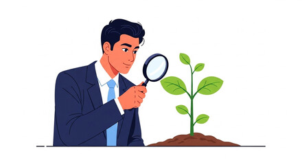 A man in a suit examines a plant with a magnifying glass, symbolizing business growth and investment analysis. It represents opportunity, progress, and strategic planning for future success.

