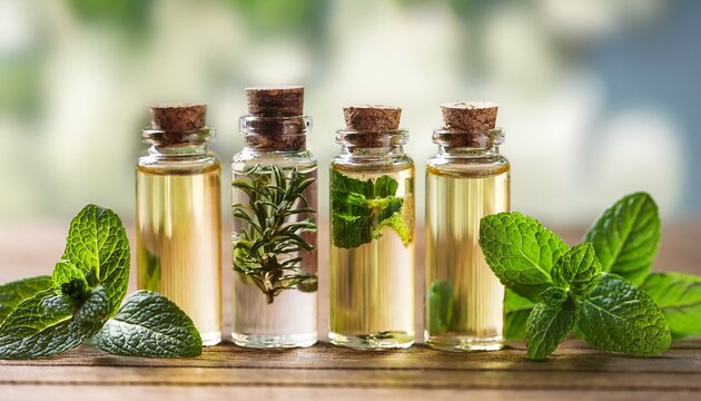 close up of glass bottles filled with peppermint lemongrass and eucalyptus essential oils with fresh mint leaves relaxation aroma self care