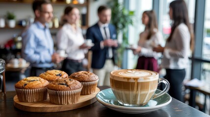A cup of latte and muffins on a table. Business people networking in the blurred background during a corporate meeting break or cafe gathering.