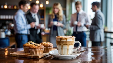 A cup of latte and muffins on a table. Business people networking in the blurred background during a corporate meeting break or cafe gathering.