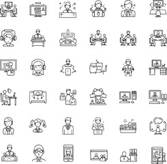 Fototapeta premium Office workspace set of web icons in line style. Office and coworking icons for web and mobile app. Office, remote working, meeting, co-worker, workspace, desk, computer, business icons and more