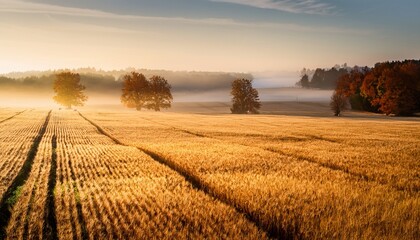 photo of a field in autumn a misty morning with large wheat fields and distant trees the warm tones and soft focus create a vintage inspired aesthetic