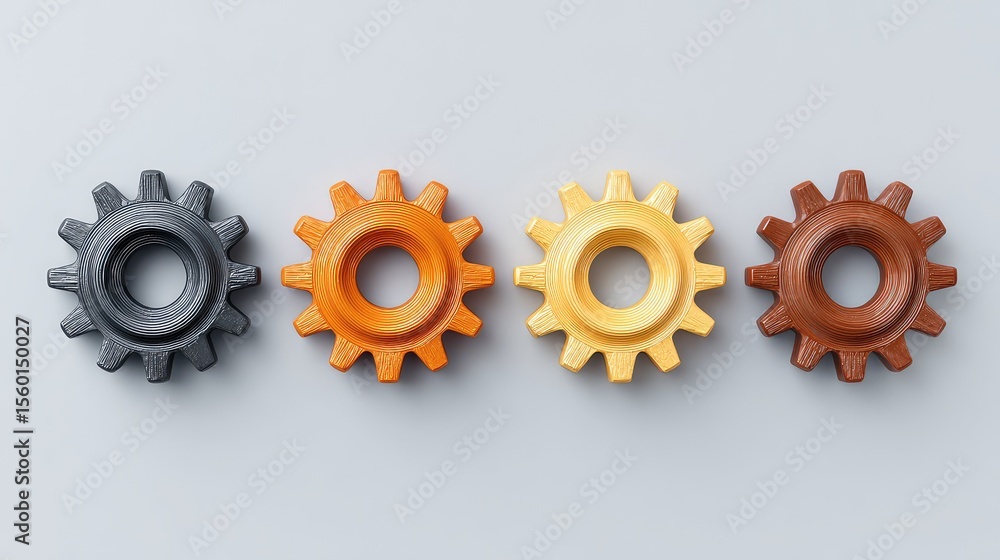 Poster colorful 3d printed gears arranged in a row on a light background showcasing mechanism design for te
