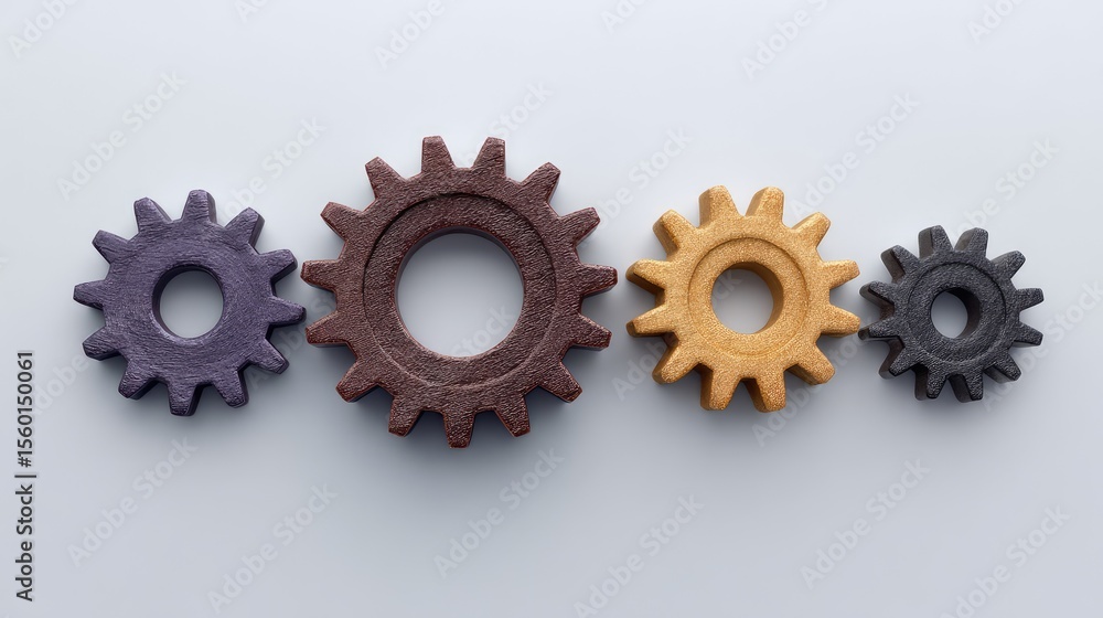 Poster vibrant collection of interlocking gears showcasing unique textures and shapes on a soft gray backgr