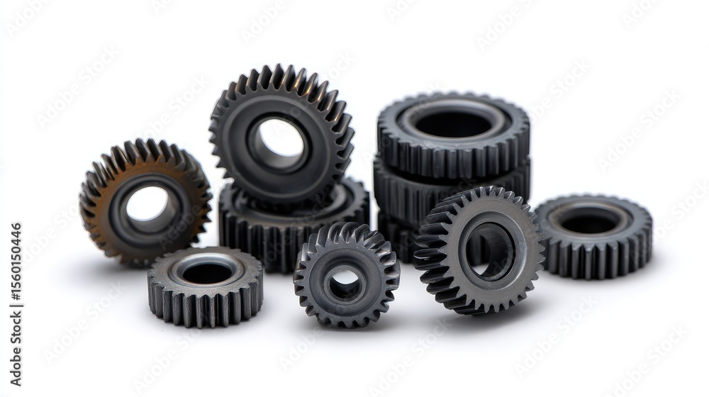 Poster close-up view of various black industrial gears arranged on a white background showcasing precision 
