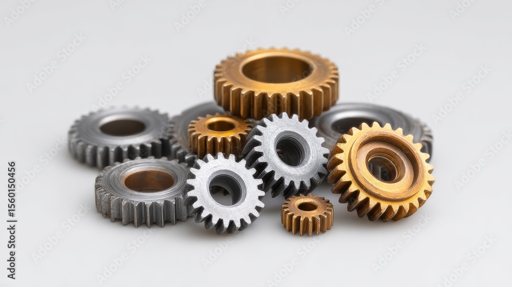 Poster a collection of various metallic gears in different sizes and colors on a neutral background ideal f