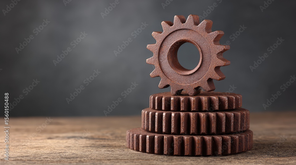 Poster industrial mechanism with stacked wooden gears on rustic surface showcasing the art of engineering a