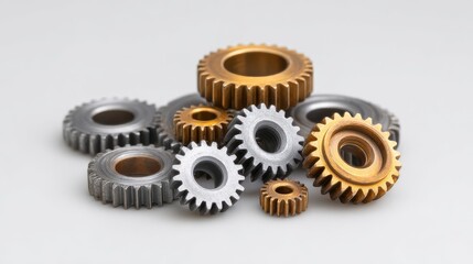 A Collection of Various Metallic Gears in Different Sizes and Colors on a Neutral Background Ideal for Industrial and Mechanical Design Concepts