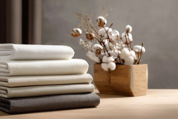 Pile of towels in a beige bathroom.