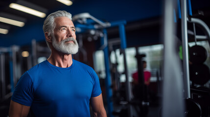 Active mature man in his 60s at gym. Senior athletic old man with muscles by strength and endurance machines.