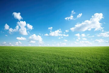 Fototapeta premium Green field landscape with blue sky and white cloudscape background. Great visual for agriculture, nature, or outdoor environment themes.
