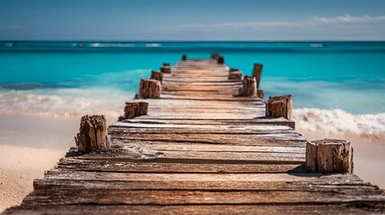 Wooden dock stretching into turquoise tropical ocean with soft sunlight and calm beach in background, peaceful summer seascape with natural ambient light and dreamy atmosphere

