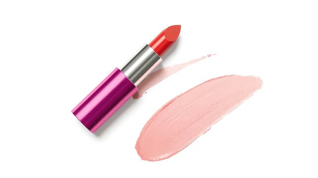 Red lipstick with a shimmering pink case and a swipe of color from the tube displayed on a white backdrop