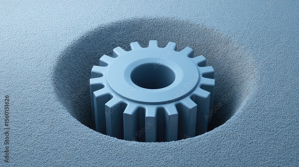 Poster blue gear mechanism embedded in textured surface, illustrating precision engineering and mechanical 