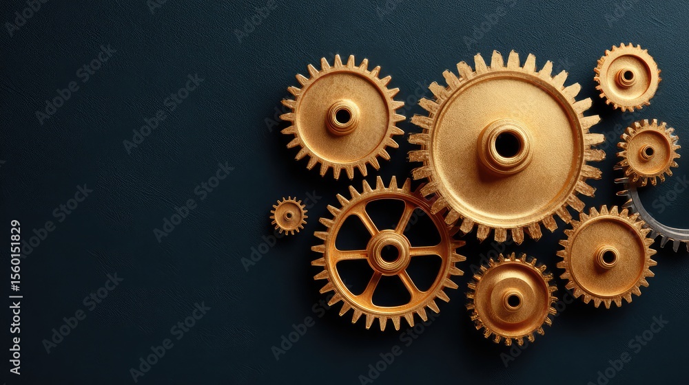 Poster a collection of intricate antique gears with a golden finish set against a dark background, symboliz