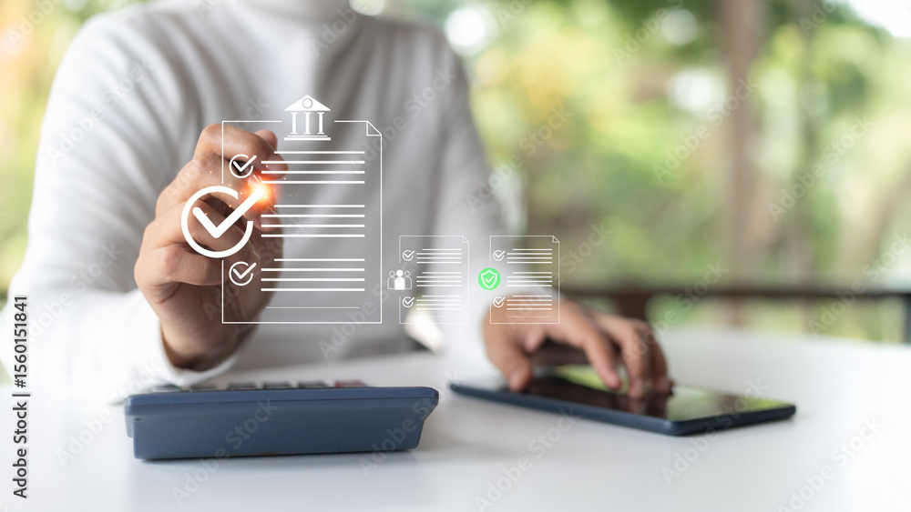 Poster a person using a tablet and calculator, interacting with a digital checklist and document approval s
