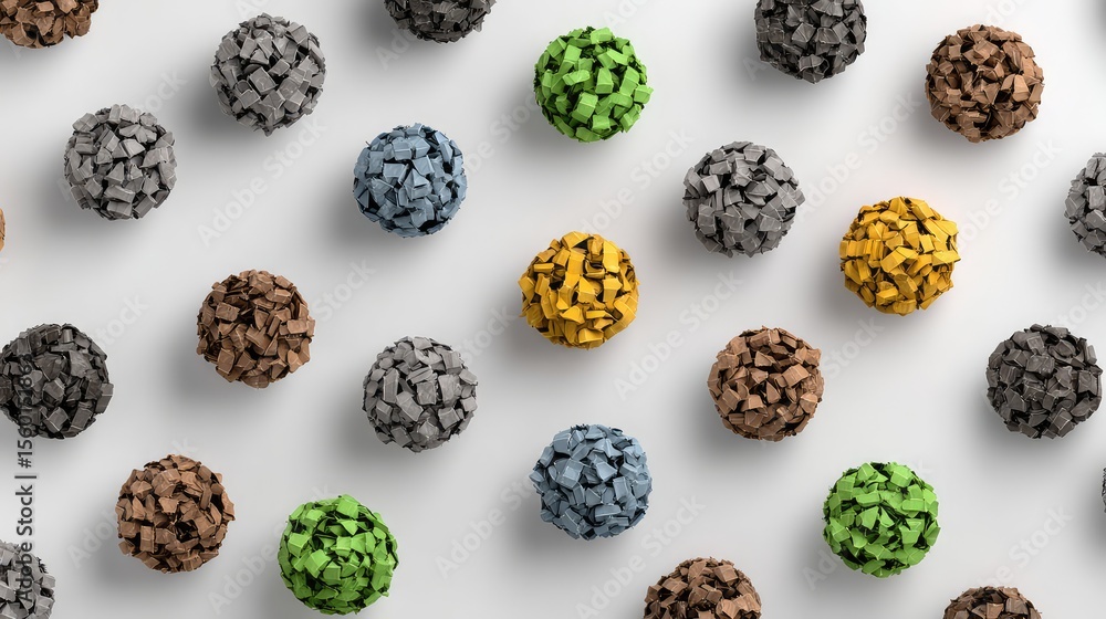 Poster colorful paper balls arranged in a stylish pattern on a white background, creating a vibrant and art