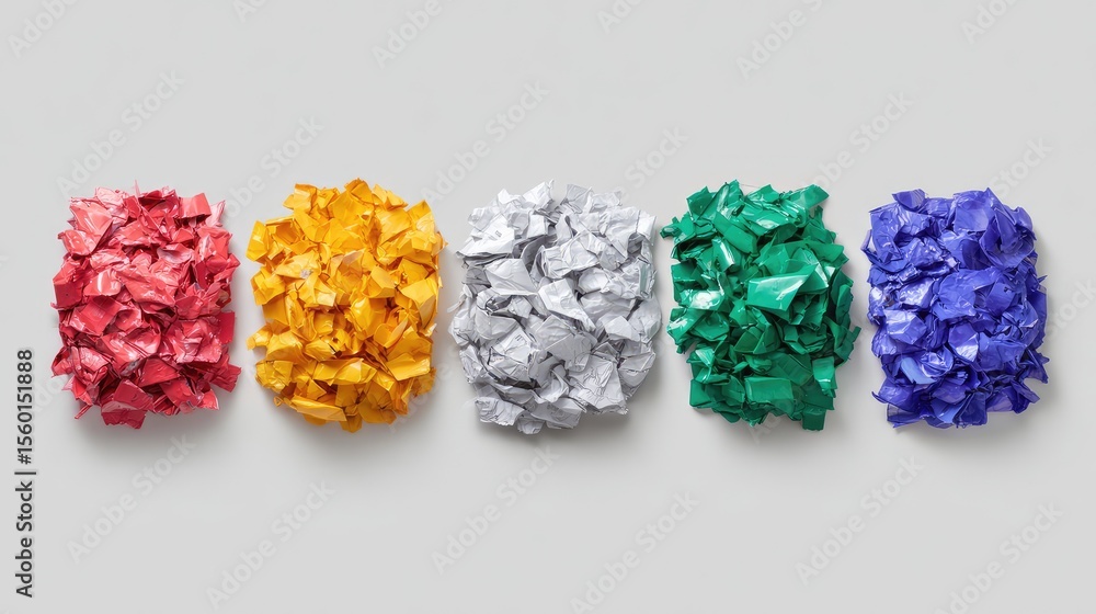 Poster vibrantly colored crumpled foil paper sheets arranged in five distinct piles displaying an eye-catch