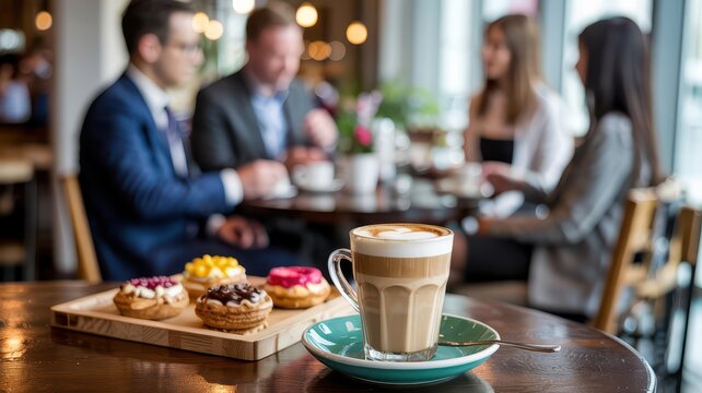 Foreground features two frothy coffees and berry-topped pastries on saucers; blurred background shows professionals in suits conversing at a modern café table near windows.