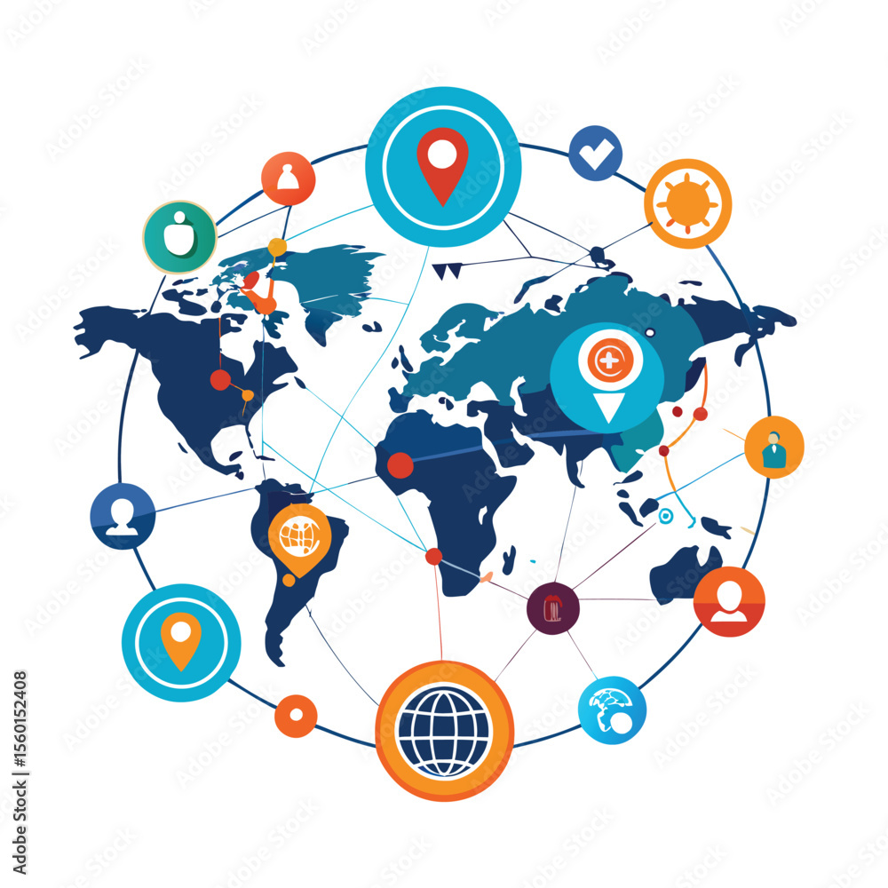 Poster world map with interconnected lines for business and communication