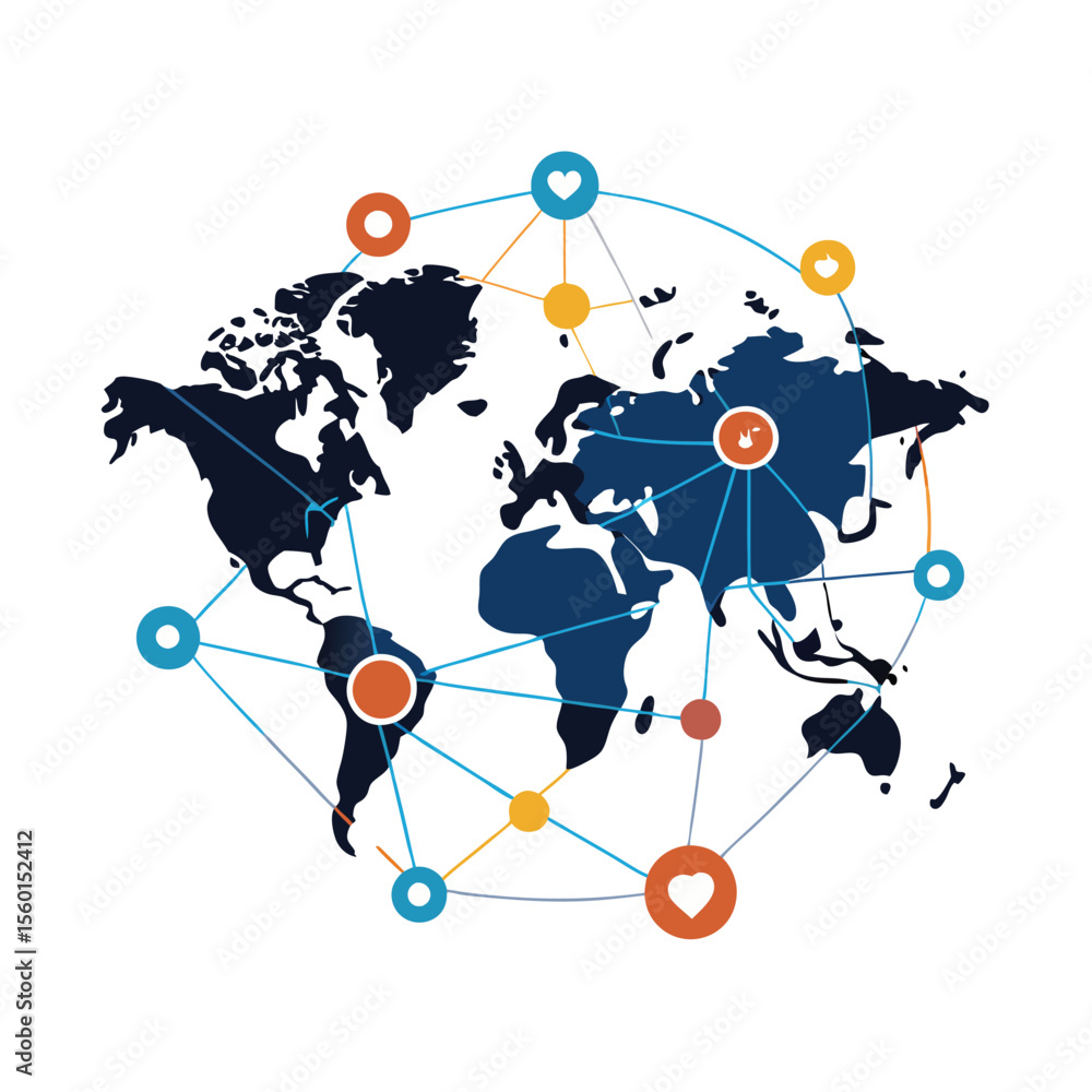 Poster world map with interconnected lines for business and communication