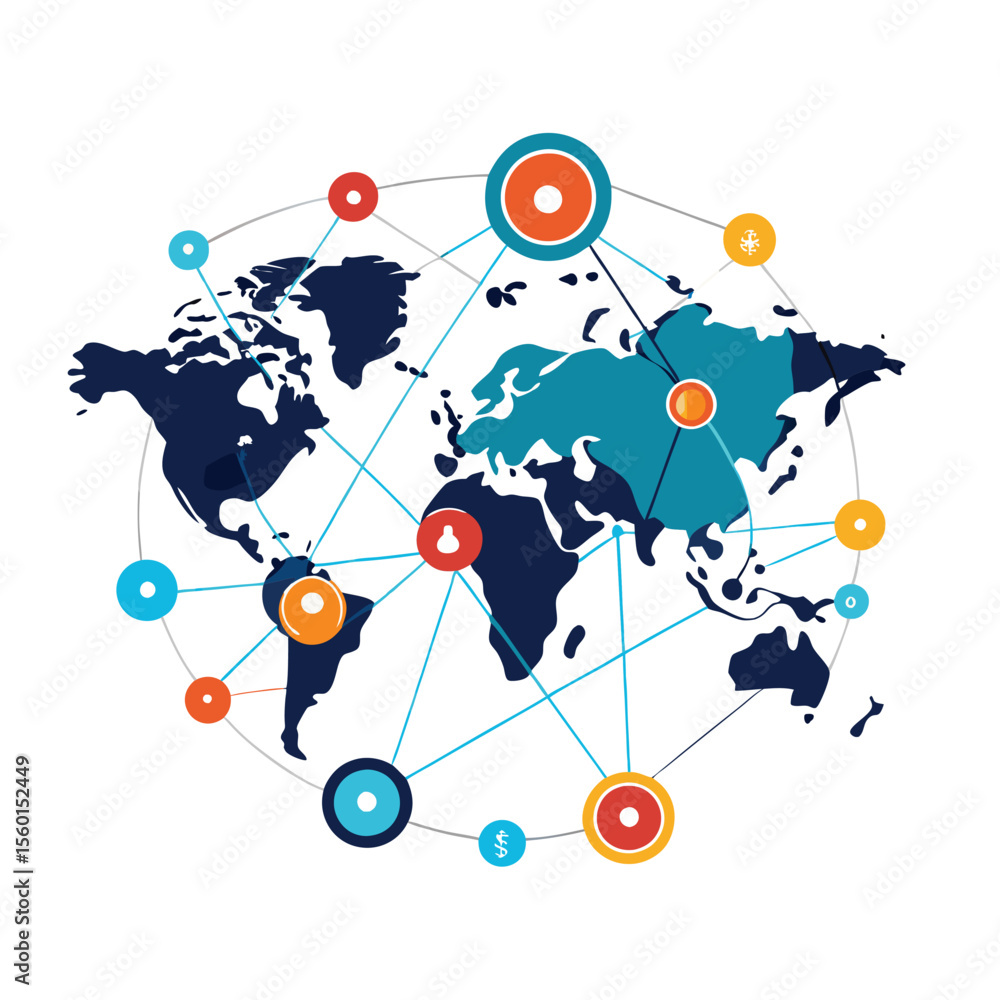 Poster world map with interconnected lines for business and communication