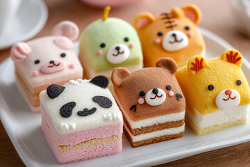 Detailed photo of a kawaii-style bento cake with cartoon animal decoration, perfect for kids party, soft color palette.