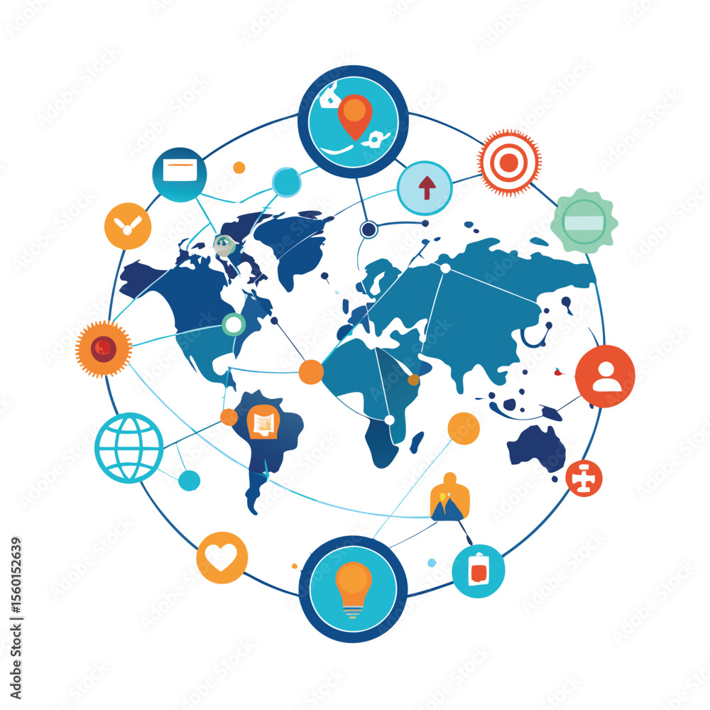 Poster world map with interconnected lines for business and communication