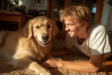 Man and Dog: Capturing a tender moment of friendship between a man and his golden retriever. Bathed in warm, natural light, the scene radiates companionship and affection.