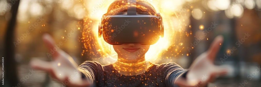 Poster man engaging in an immersive experience using advanced augmented reality technology in a vr studio