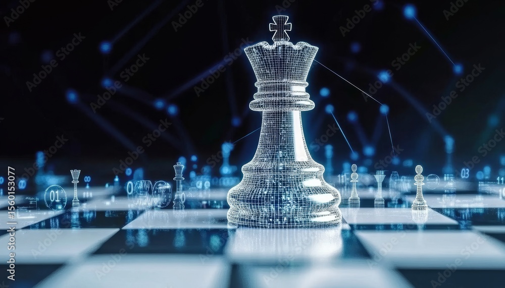 Poster strategic cybernetic chess mastery ai-driven game tactics in a futuristic virtual reality setting.
