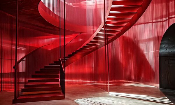 Spiral staircase in a red interior space
