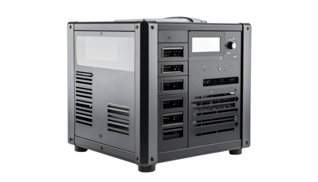 Portable power station with multiple output ports isolated on solid white background - Powered by Adobe
